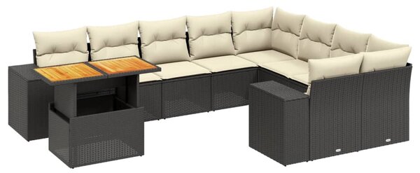 10 részes fekete polyrattan kerti ülőgarnitúra párnákkal