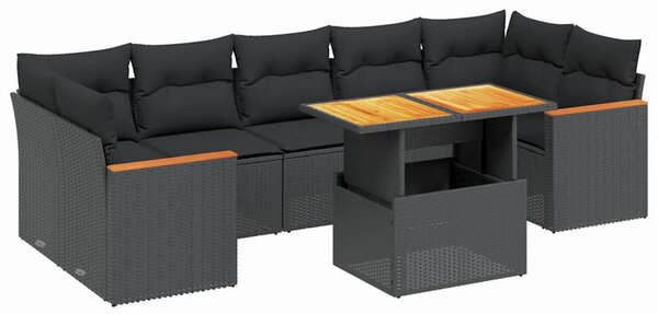 8 részes fekete polyrattan kerti ülőgarnitúra párnákkal