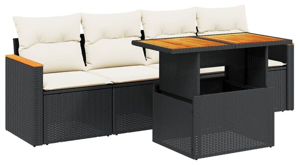 5 részes fekete polyrattan kerti kanapészett párnákkal