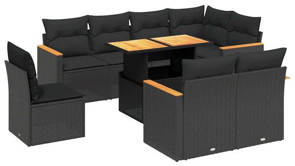 9 részes fekete polyrattan kerti ülőgarnitúra párnákkal