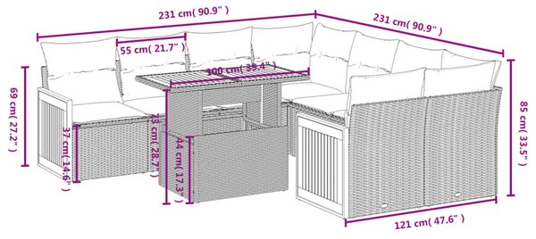 9 részes bézs polyrattan kerti ülőgarnitúra párnákkal