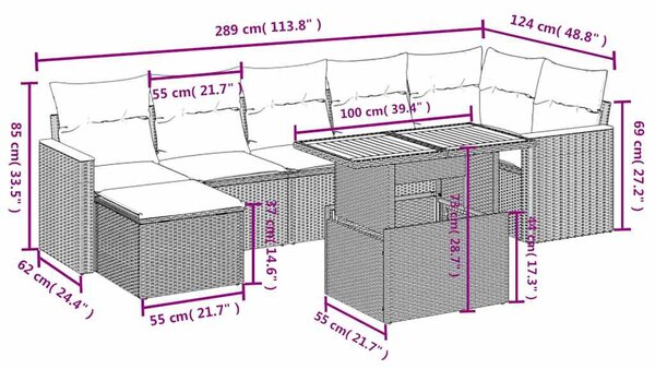 8 részes fekete polyrattan kerti ülőgarnitúra párnákkal
