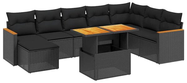 9 részes fekete polyrattan kerti ülőgarnitúra párnákkal