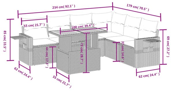 7 részes bézs polyrattan kerti ülőgarnitúra párnákkal