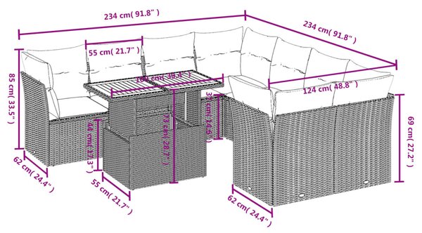 9 részes bézs polyrattan kerti ülőgarnitúra párnákkal