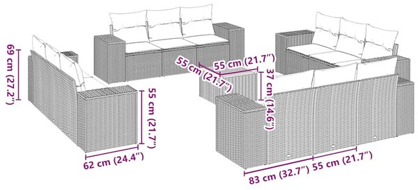 13 részes fekete polyrattan kerti ülőgarnitúra párnákkal