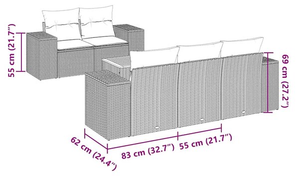6 részes fekete polyrattan kerti ülőgarnitúra párnákkal