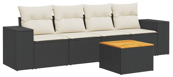 5 részes fekete polyrattan kerti kanapészett párnákkal