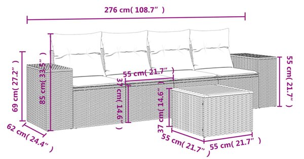 5 részes fekete polyrattan kerti kanapészett párnákkal