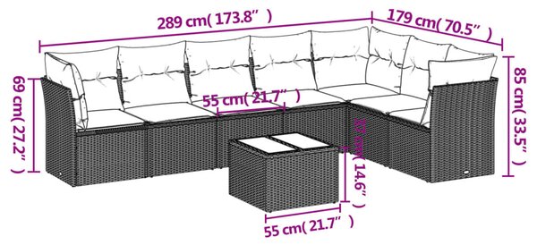 8 részes fekete polyrattan kerti ülőgarnitúra párnákkal