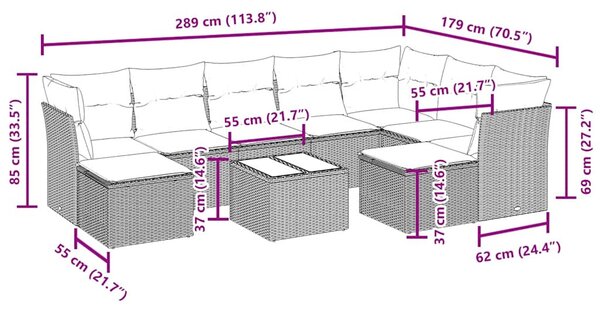 10 részes fekete polyrattan kerti ülőgarnitúra párnákkal