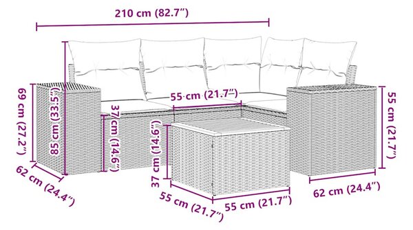 5 részes fekete polyrattan kerti kanapészett párnákkal