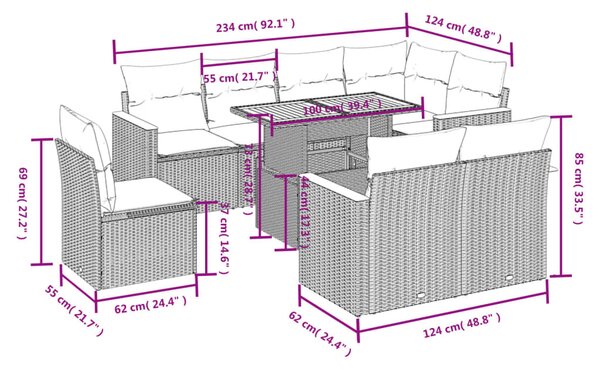 9 részes bézs polyrattan kerti ülőgarnitúra párnákkal