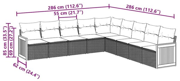9 részes fekete polyrattan kerti ülőgarnitúra párnákkal