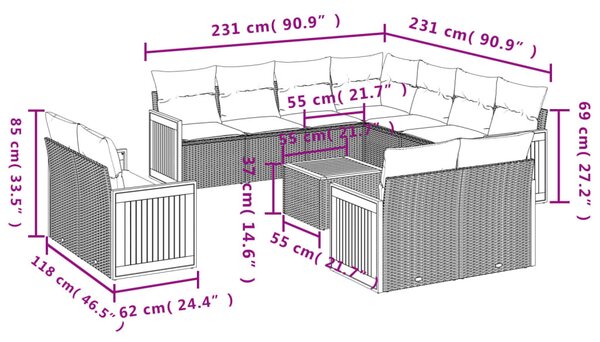 12 részes fekete polyrattan kerti ülőgarnitúra párnákkal