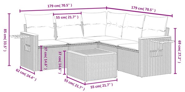 6 részes fekete polyrattan kerti ülőgarnitúra párnákkal