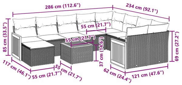 11 részes fekete polyrattan kerti ülőgarnitúra párnákkal