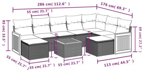 10 részes fekete polyrattan kerti ülőgarnitúra párnákkal