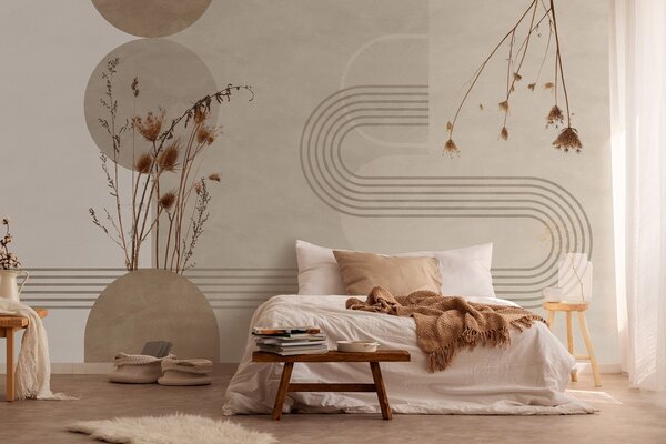 Fotótapéta stílusos geometria és szárított virágok bézs árnyalatokban, Boho stílusú fotótapéta, w03449 : Uwalls.hu