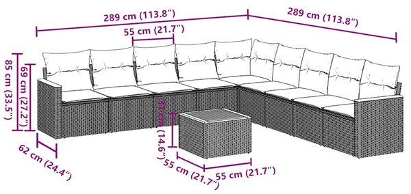 10 részes fekete polyrattan kerti ülőgarnitúra párnákkal