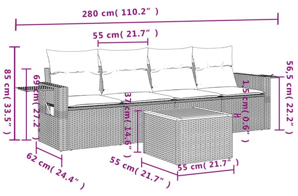 5 részes fekete polyrattan kerti kanapészett párnákkal