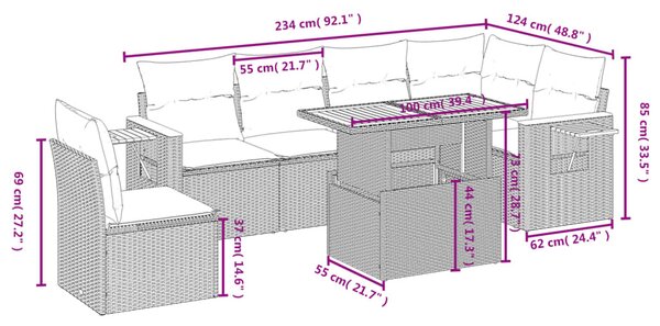 7 részes bézs polyrattan kerti ülőgarnitúra párnákkal