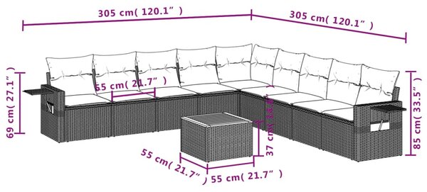 10 részes fekete polyrattan kerti ülőgarnitúra párnákkal