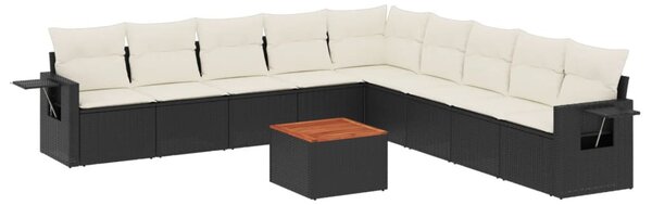 10 részes fekete polyrattan kerti ülőgarnitúra párnákkal