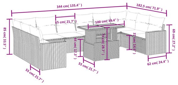 11 részes bézs polyrattan kerti ülőgarnitúra párnákkal