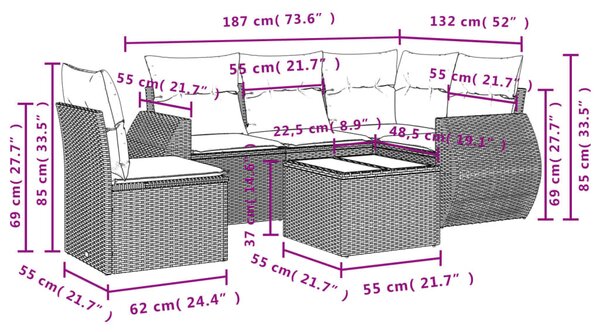 6 részes bézs polyrattan kerti ülőgarnitúra párnával