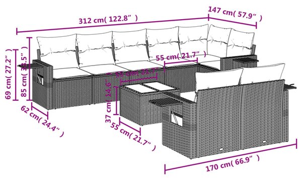 9 részes bézs polyrattan kerti ülőgarnitúra párnákkal