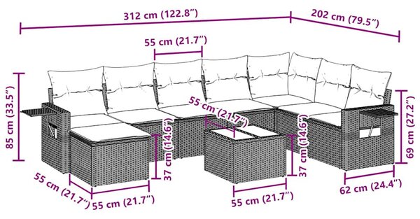 9 részes fekete polyrattan kerti ülőgarnitúra párnákkal