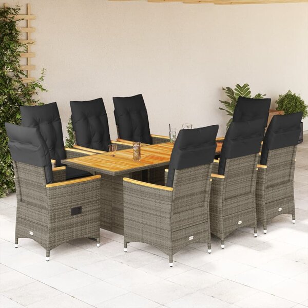 9 részes szürke polyrattan kerti étkezőgarnitúra párnával