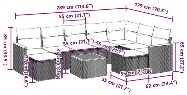 10 részes fekete polyrattan kerti ülőgarnitúra párnákkal