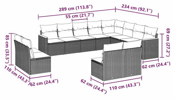 12 részes fekete polyrattan kerti ülőgarnitúra párnákkal