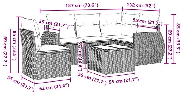 6 részes fekete polyrattan kerti ülőgarnitúra párnákkal