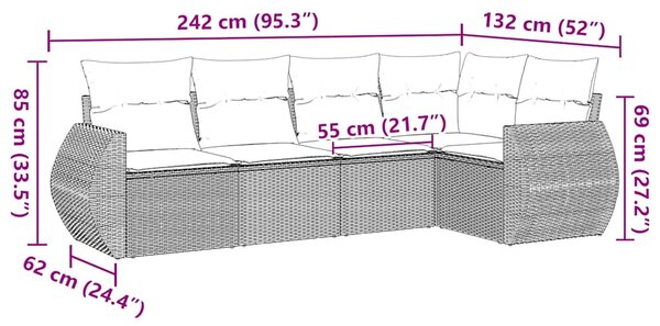 5 részes fekete polyrattan kerti kanapészett párnákkal