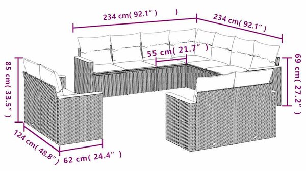 11 részes fekete polyrattan kerti ülőgarnitúra párnákkal