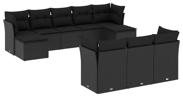 10 részes fekete polyrattan kerti ülőgarnitúra párnákkal