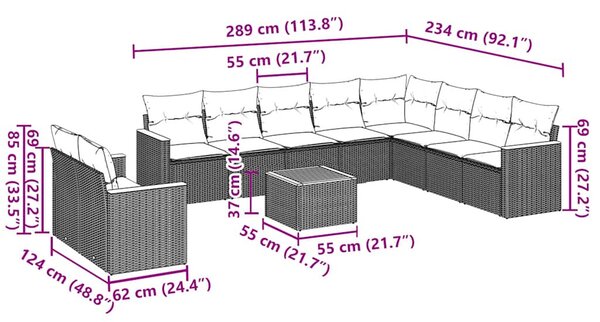 11 részes fekete polyrattan kerti ülőgarnitúra párnákkal