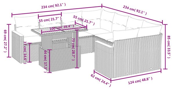 9 részes bézs polyrattan kerti ülőgarnitúra párnákkal