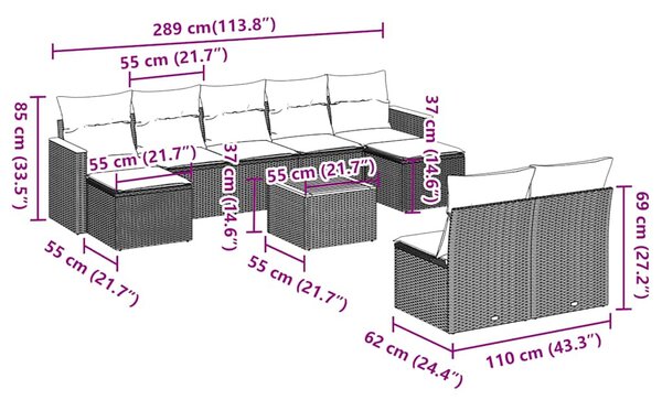 10 részes fekete polyrattan kerti ülőgarnitúra párnákkal