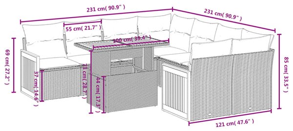 9 részes bézs polyrattan kerti ülőgarnitúra párnákkal