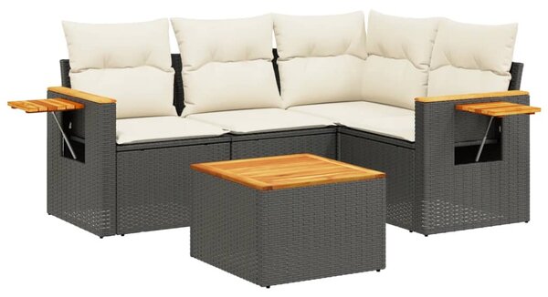 5 részes fekete polyrattan kerti kanapészett párnákkal