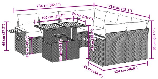 9 részes bézs polyrattan kerti ülőgarnitúra párnákkal