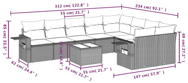 10 részes fekete polyrattan kerti ülőgarnitúra párnákkal