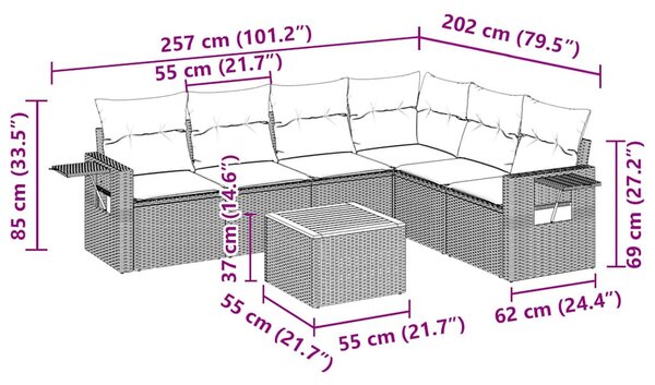 7 részes fekete polyrattan kerti ülőgarnitúra párnával