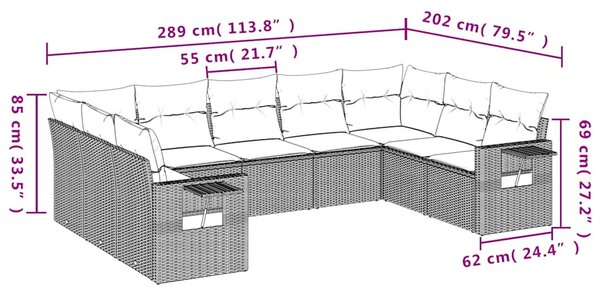 9 részes fekete polyrattan kerti ülőgarnitúra párnákkal