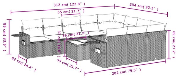 11 részes fekete polyrattan kerti ülőgarnitúra párnákkal