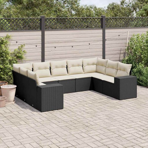 9 részes fekete polyrattan kerti ülőgarnitúra párnákkal